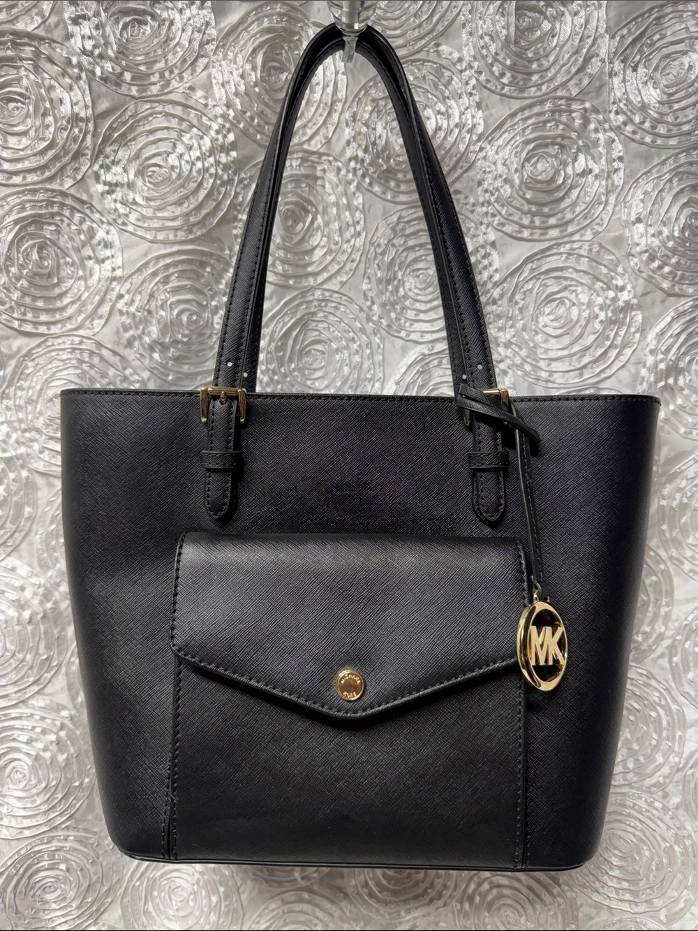 Michael Kors Black Saffiano Tote with Gold MK Charm